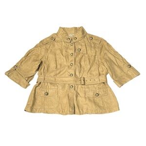 Live A Little Camel Linen Corduroy 3/4 Length Sleeves Button Up Belted Jacket L